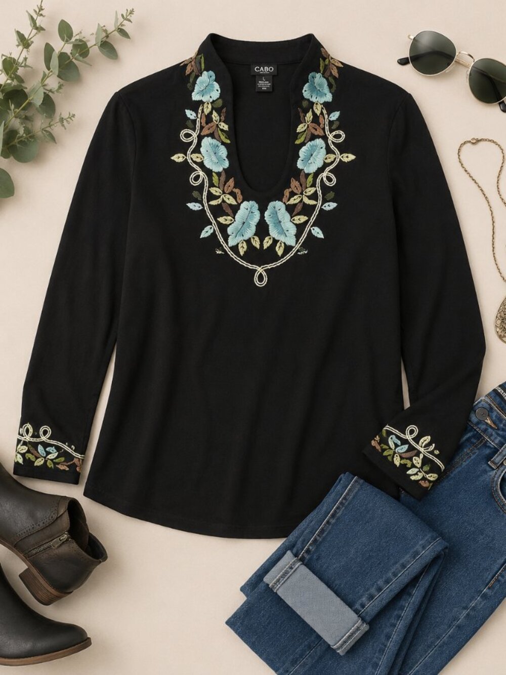 Cabo Women’s Large Black Embroidered Floral Long Sleeve Top Rayon Blend Boho